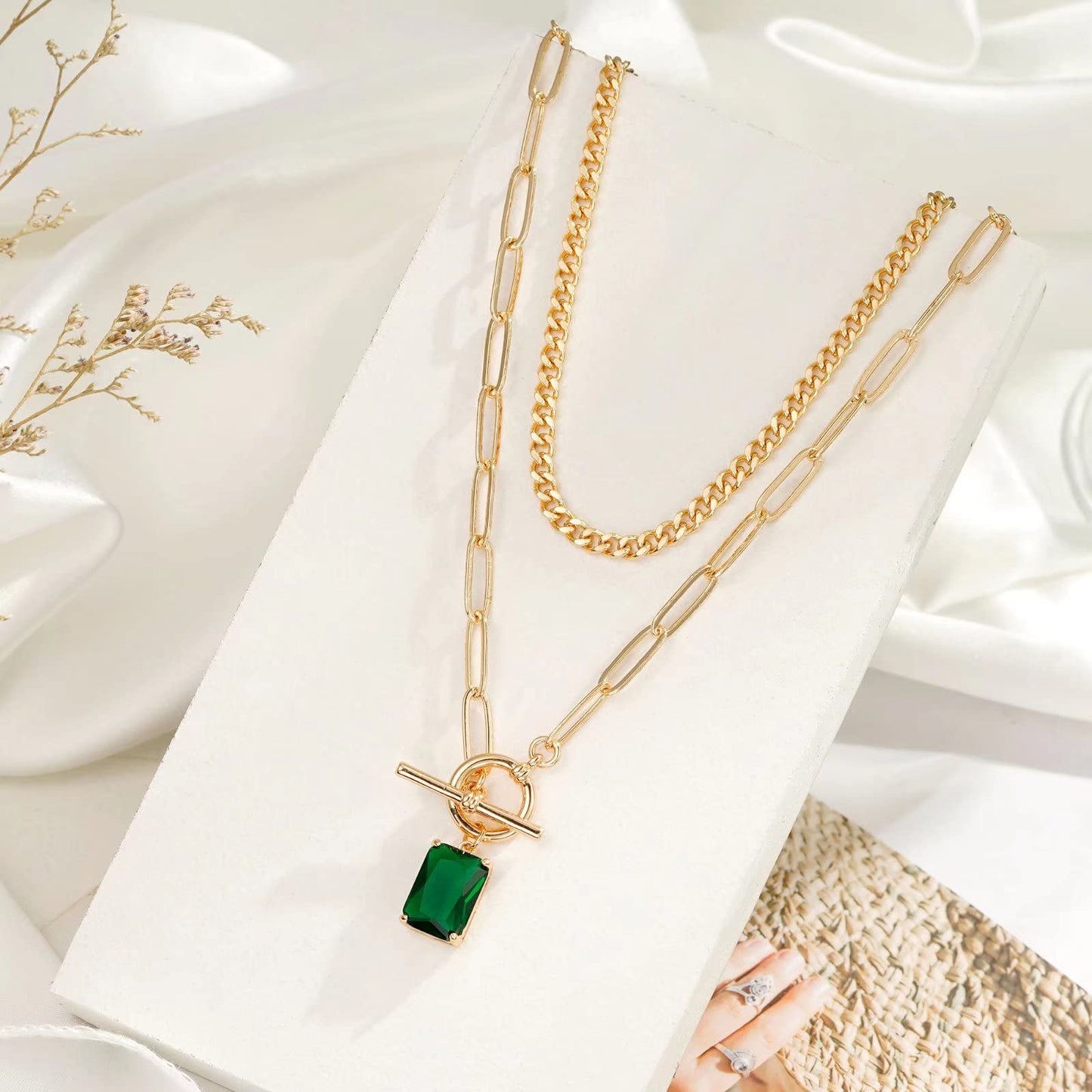 Gold Layered Necklaces Green